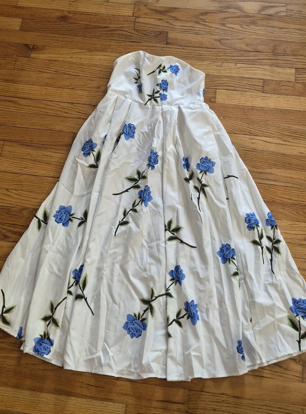 White Strapless Womans Dress with Blue Floral Print
